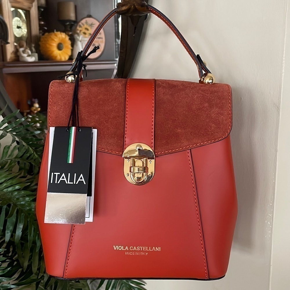 Brand New Viola Castellani Genuine Leather Papaya Orange Backpack Crossbody